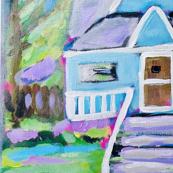 Original Painting Blue House Architectural Landscape Impressionistic OOAK 11x14" - Picture 7 of 9